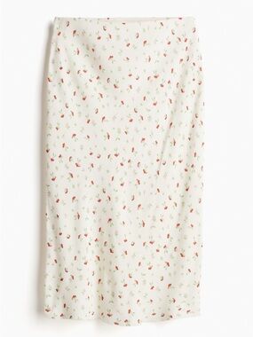 H&M Cream Midi Skirt Knee Length with Red Floral & Green Leaf Print